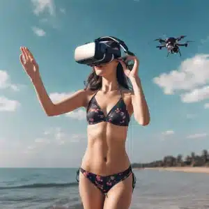 femme-faisant-voler-un-drone-avec-casque-vr-sur-la-plage