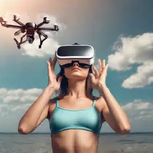 Utilisatrice d'un drone avec casque VR sur la plage